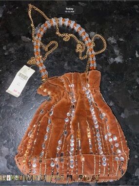 NEW ANTHROPOLOGIE TAN VELVET POUCH PURSE beaded fringe